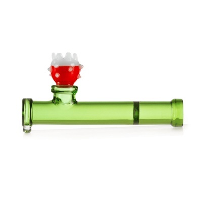 Pipe de vidro verde com recipiente vermelho e branco com protuberâncias