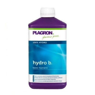Frasco de produto agrícola roxo Hydro B da Plagron com rótulo azul e branco