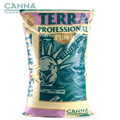 Saco de substrato CANNA TERRA PROFESSIONAL Plus+ com ilustração de planta e texto em verde, bege e lilás
