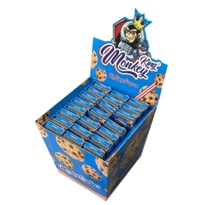 Expositor azul de papel de enrolar King Monkey com imagens de bolachas e um macaco com coroa