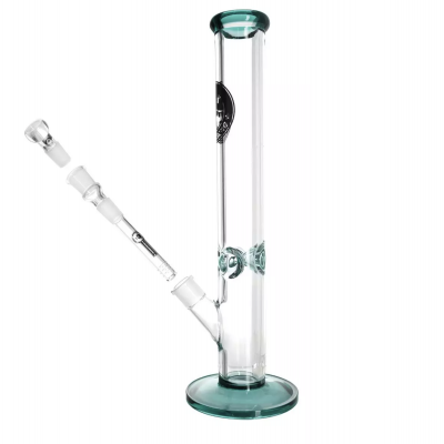 Bong de vidro transparente com base e bocal azul esverdeado