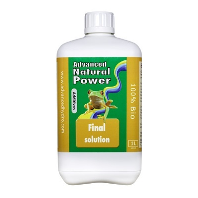 Frasco branco com etiqueta verde e amarela, rã e texto Advanced Natural Power.