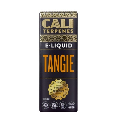 Embalagem preta e dourada de e-líquido CALI Terpenes Tangie