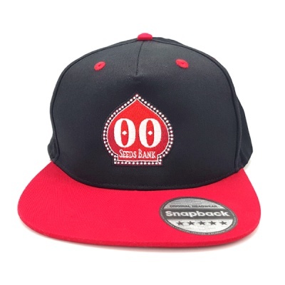 Boné snapback vermelho e preto com logo bordado e etiqueta na aba