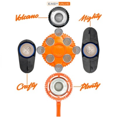 Acessórios de vaporizador nas cores preta e laranja com etiquetas Easy Valve
