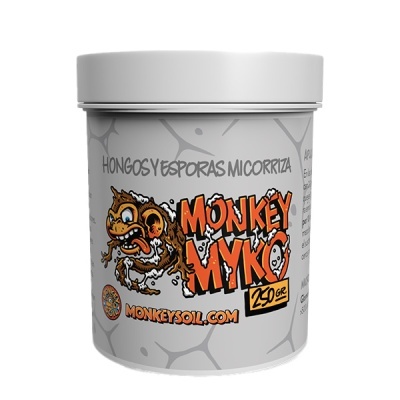 Frasco branco com rótulo ilustrado de macaco e texto Monkey Myko 250 gr