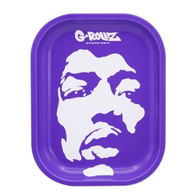 Tabuleiro roxo com rosto branco estilizado e texto G-ROLLZ amsterdam