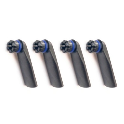 Quatro peças plásticas pretas com detalhe azul em fundo branco