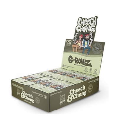 Caixa de papel para enrolar Cheech & Chong G-ROLLZ Amsterdam com ilustração dos personagens e texto relevante.