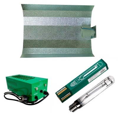 Equipamento de iluminação horticultural com refletor metálico, balastro verde e lâmpada Sylvania
