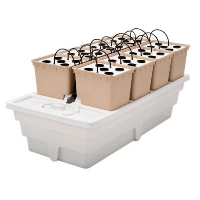 Sistema de cultivo hidropónico com 10 recipientes castanhos claros e base branca