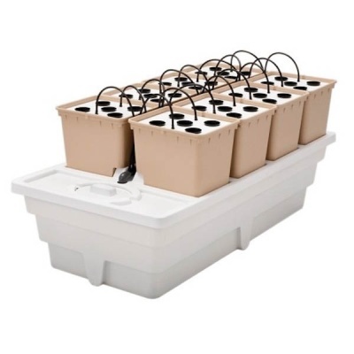 Sistema hidropónico com vasos quadrados bege e base branca