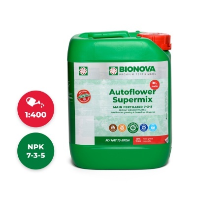 Contentor verde de fertilizante Bionova Autoflower Supermix com tampa vermelha e rótulo branco e verde