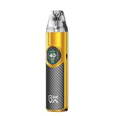Dispositivo de vaporização dourado com visor e painel em padrão carbono preto