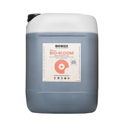 Recipiente plástico grande com rótulo BIOBIZZ BIO-BLOOM e líquido escuro
