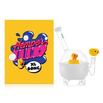 Bong de vidro com pato amarelo e caixa amarela com texto Hemper Duck XL Bong