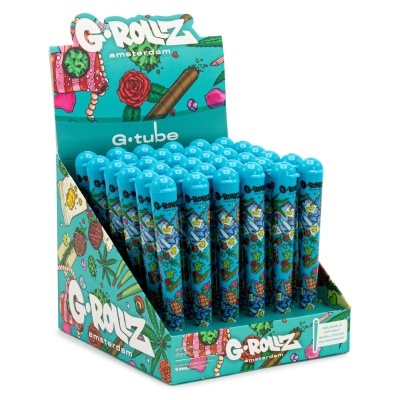 Display com tubos azuis estampados G•ROLLZ Amsterdam.