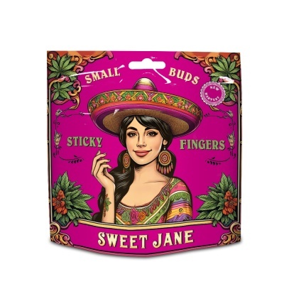 Pacote colorido com mulher de sombrero e textos em inglês