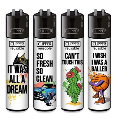 Quatro isqueiros Clipper reutilizáveis com frases e ilustrações coloridas variadas.