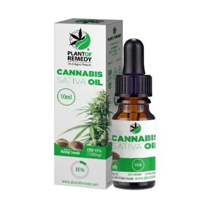 Frasco e caixa de óleo de Cannabis Sativa 10 ml com texto e imagem de planta