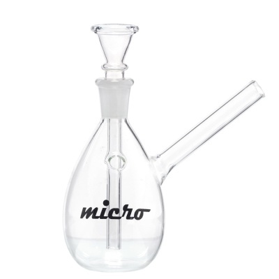 Garrafa de vidro transparente com tubo lateral e palavra micro
