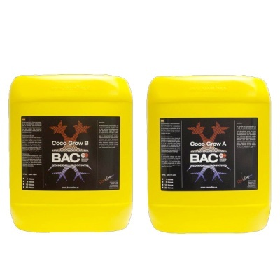 Dois grandes recipientes amarelos rotulados Coco Grow A e Coco Grow B BAC