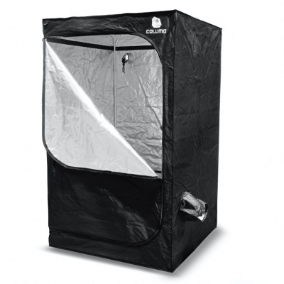 Capuz de cultivo interno preto com interior prateado refletor e zíper frontal.