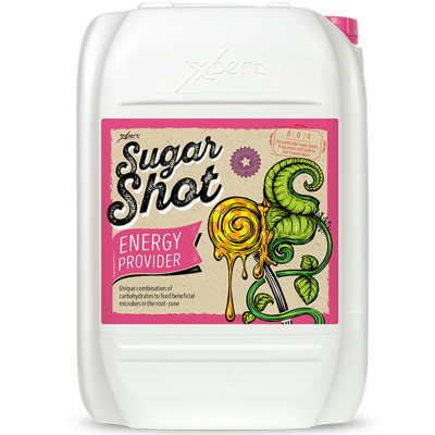 Recipiente branco de plástico com rótulo colorido Sugar Shot Energy Provider