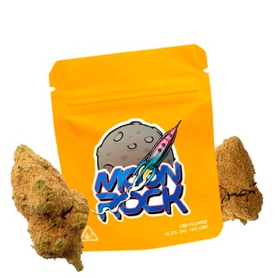 Pacote laranja de CBD Flower Moon Rock com duas flores secas