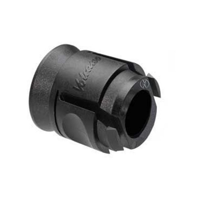 Peça cilíndrica preta de plástico com entalhes e gravação Klublox