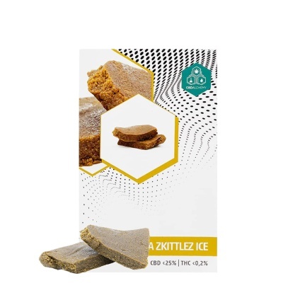 Concentrado de cannabis Zkittlez Ice em embalagem branca com detalhes pretos e amarelos