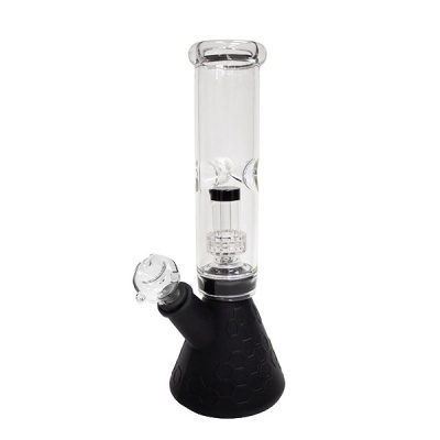 Bong com base preta texturizada e corpo em vidro transparente com difusor interno