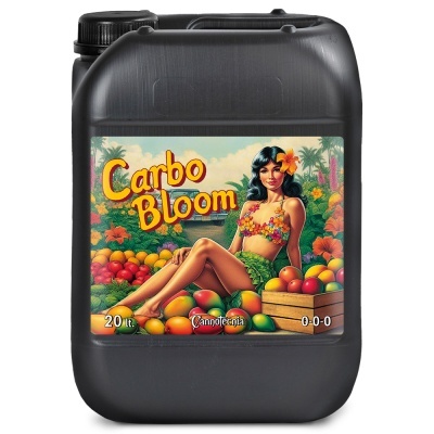 Garrafão preto 20 litros com etiqueta Carbo Bloom e imagem colorida de mulher com flores e frutas
