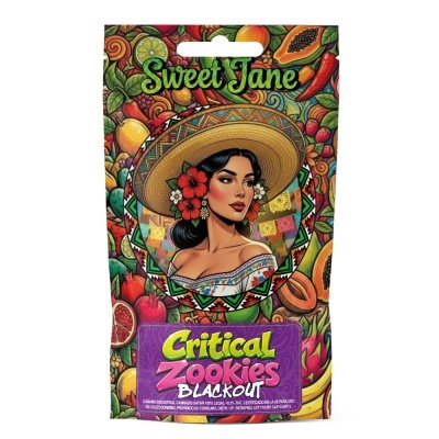 Embalagem colorida com ilustração de mulher com chapéu e flores e texto promocional.