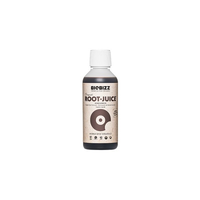 Frasco branco de Biobizz Root-Juice com rótulo bege e líquido castanho