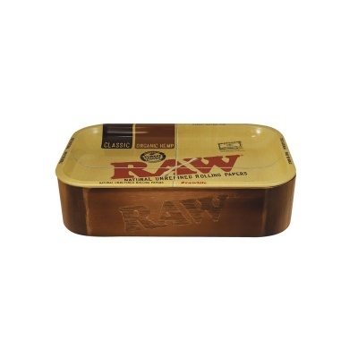 Tabuleiro metálico RAW para enrolar tabaco com design amarelo e castanho