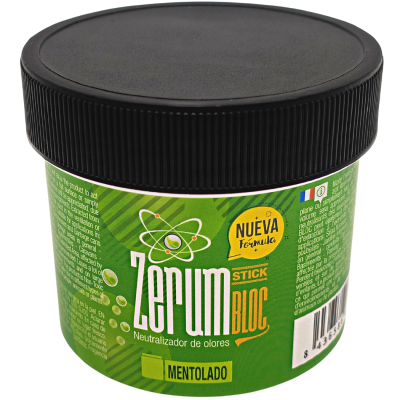Recipiente de plástico verde e preto com tampa preta de produto neutralizador de odores Zerum Stick Bloc