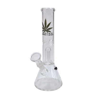 Bong de vidro transparente com folha de cannabis e texto LEGALISE IT OR NOT ILL SMOKE IT ANYWAY