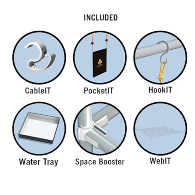 Seis acessórios para organização identificados como CableIT, PocketIT, HookIT, Water Tray, Space Booster e WebIT em círculos sobre fundo azul claro.