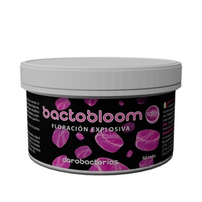 Embalagem preta com tampa cinzenta e texto rosa de bactobloom com ilustração de pétalas cor-de-rosa