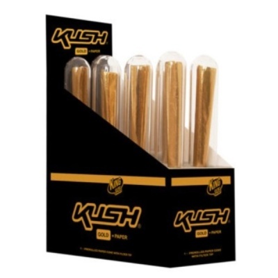 Expositor preto com tubos transparentes e cigarros de papel dourado