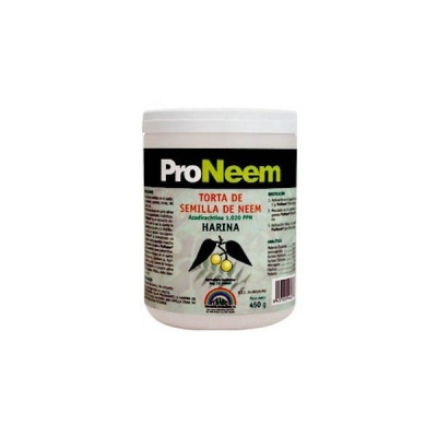 Embalagem branca com etiqueta ProNeem e texto Torta de Semilla de Neem