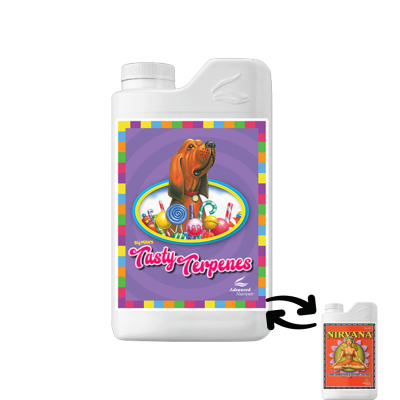 Frasco branco com rótulo colorido mostrando cão e doces, texto Tasty Terpenes, seta para frasco menor Nirvana