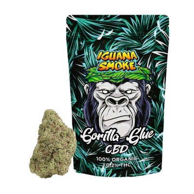 Embalagem colorida com ilustração de gorila e texto sobre CBD, junto com flor seca verde
