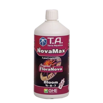 Frasco plástico com rótulo vermelho e preto de nutriente para plantas T.A. NovaMax FloraNova Bloom