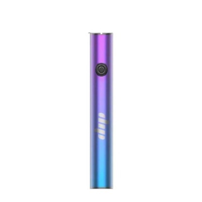 Dispositivo eletrônico vape metálico roxo a azul com botão e texto dip