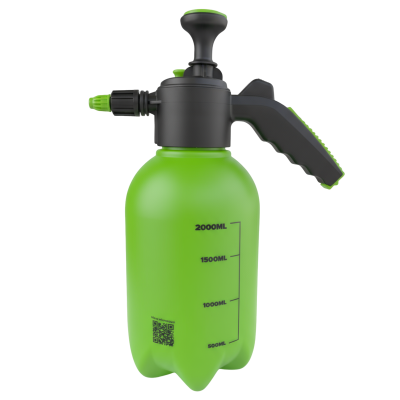 Spray pulverizador plástico verde com punho preto e verde e marcações de volume