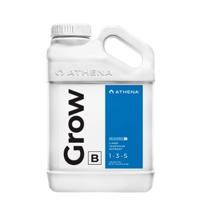 Frasco plástico branco de suplemento vegetal Athena Grow B com rótulo azul e branco