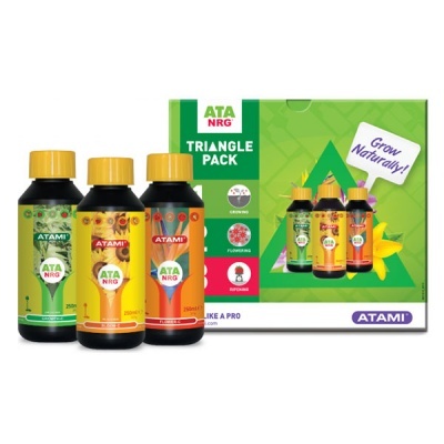 Conjunto Triangle Pack ATAMI ATA NRG com três frascos de nutrientes para plantas e embalagem verde
