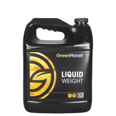 Frasco plástico preto com rótulo GreenPlanet LIQUID WEIGHT